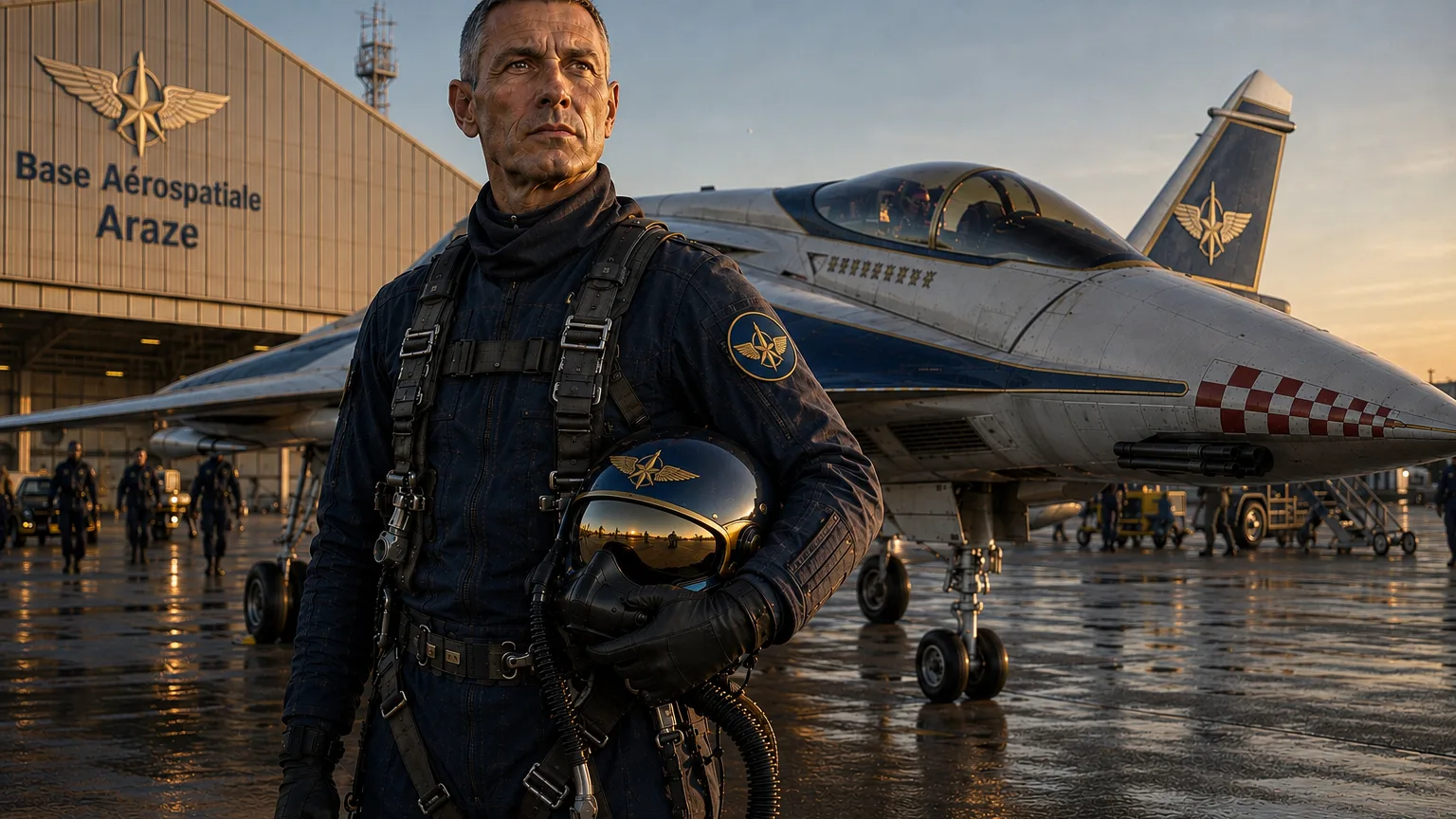 Le colonel Ma’Thur en tenue de vol devant son chasseur
