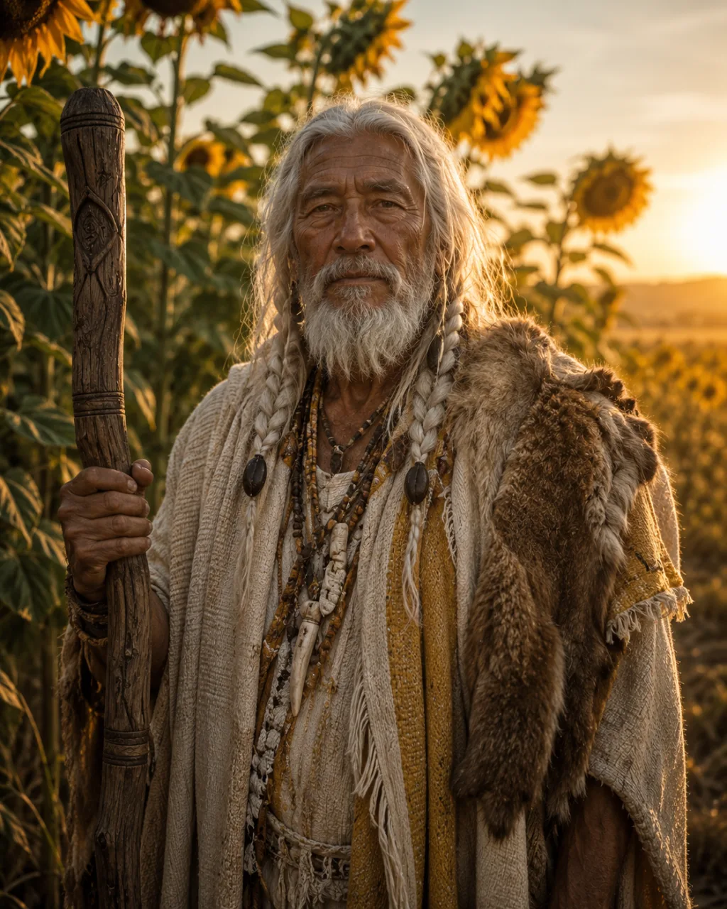 Portrait de Yorokama Eyroshika, chef des Éclairiens, devant les tournesols géants