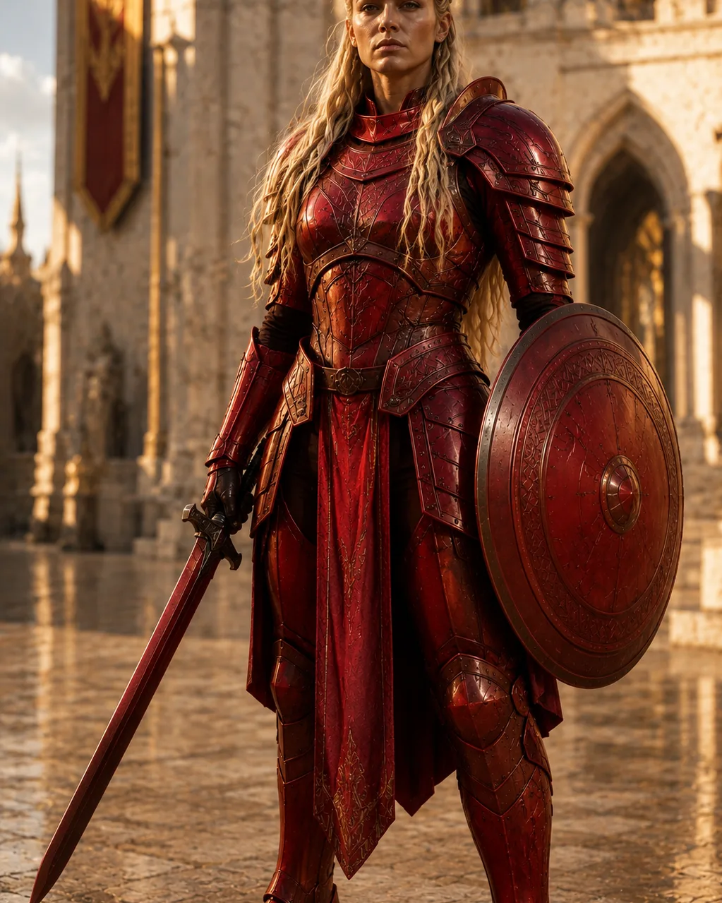 Zumi la puissante en armure rouge, montée sur son atakar rouge