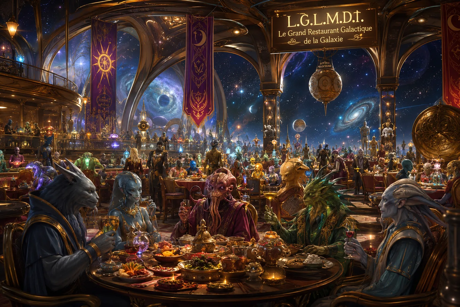 La grande salle du restaurant galactique de L.G.L.M.D.T.