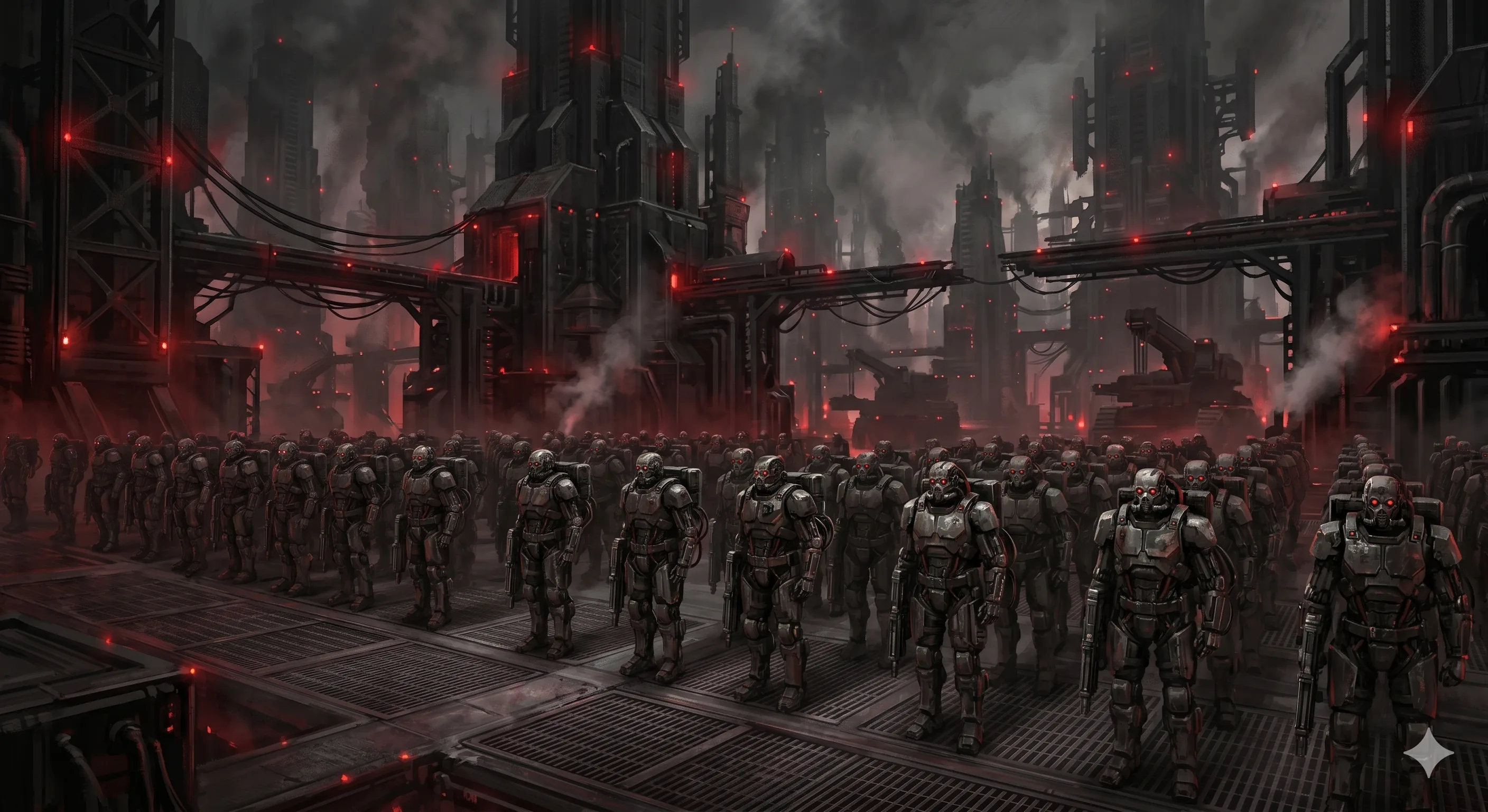 Cyborgs alignés dans une cité industrielle de Karn-Tor IX