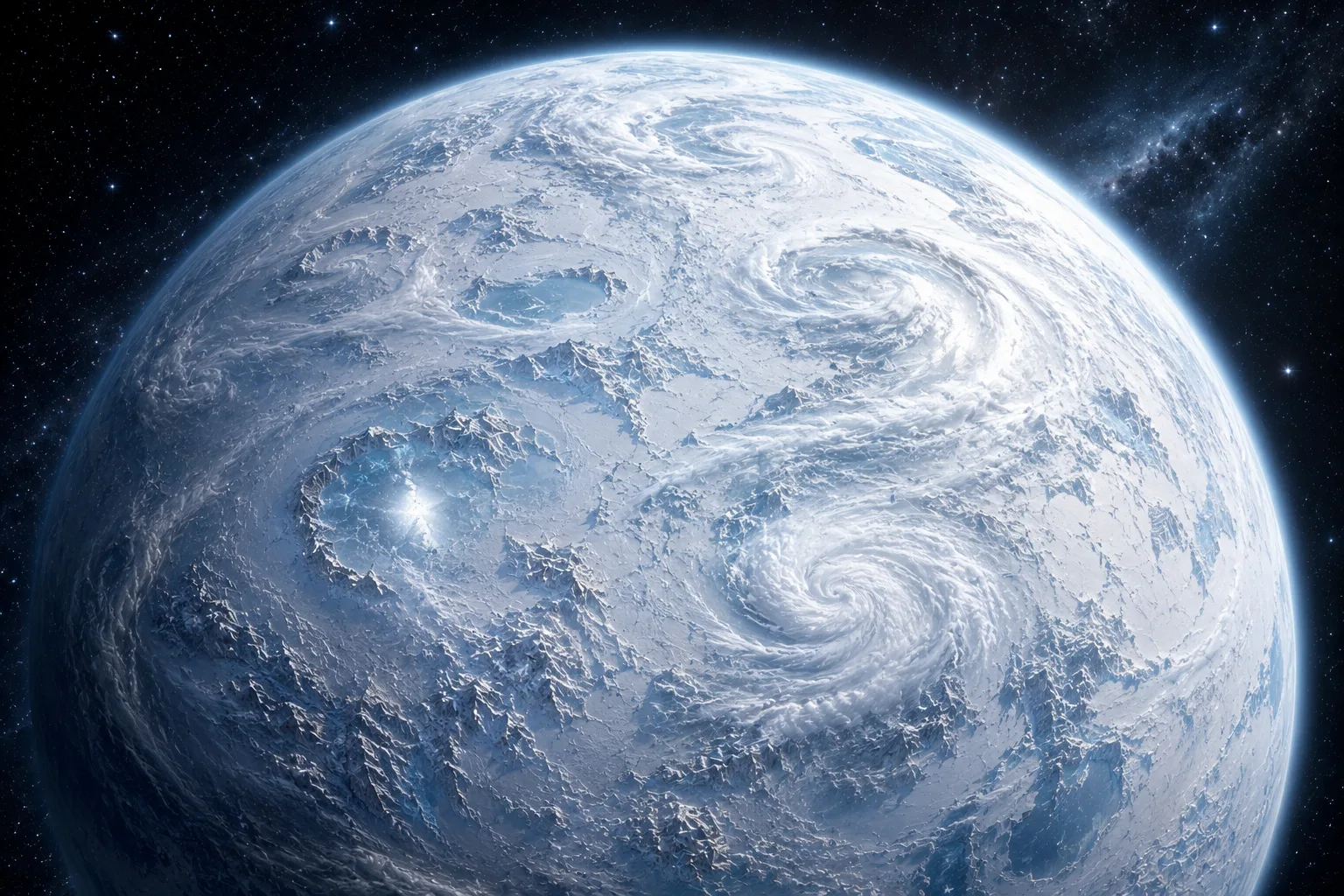 Vue orbitale d'Agaltanar, planète des neiges éternelles