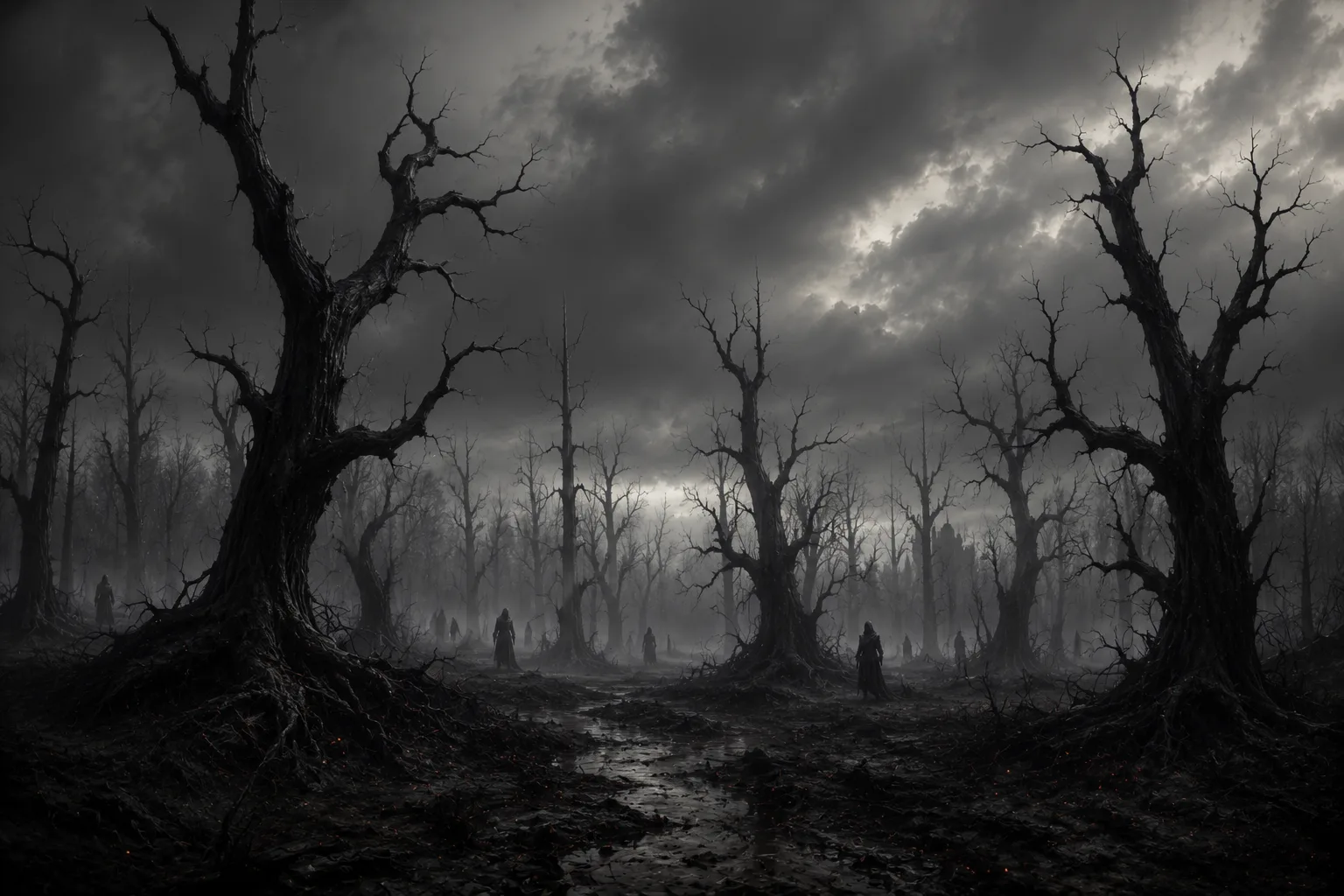 Les forêts d’arbres morts de Ténébra sous le ciel gris