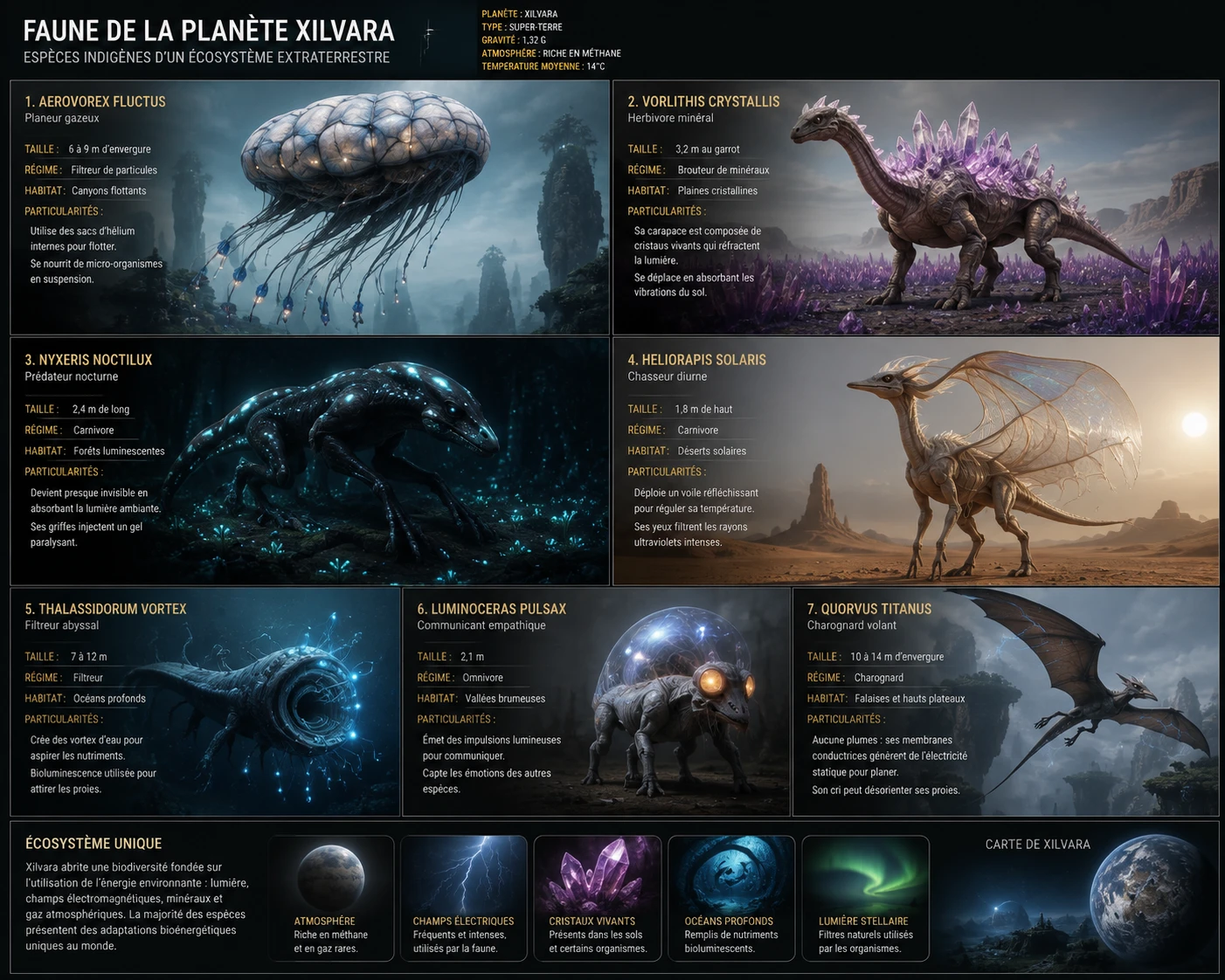 Planche de faune de Xilvara : sept espèces indigènes et leurs adaptations bioénergétiques