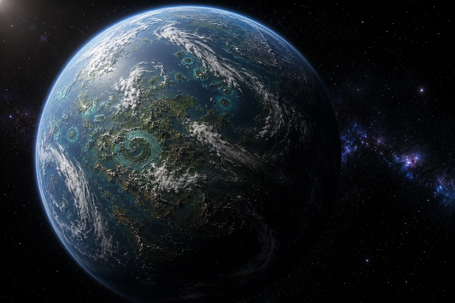 Vue orbitale de Xilvara, super-Terre bleu-vert sous une atmosphère chargée de méthane